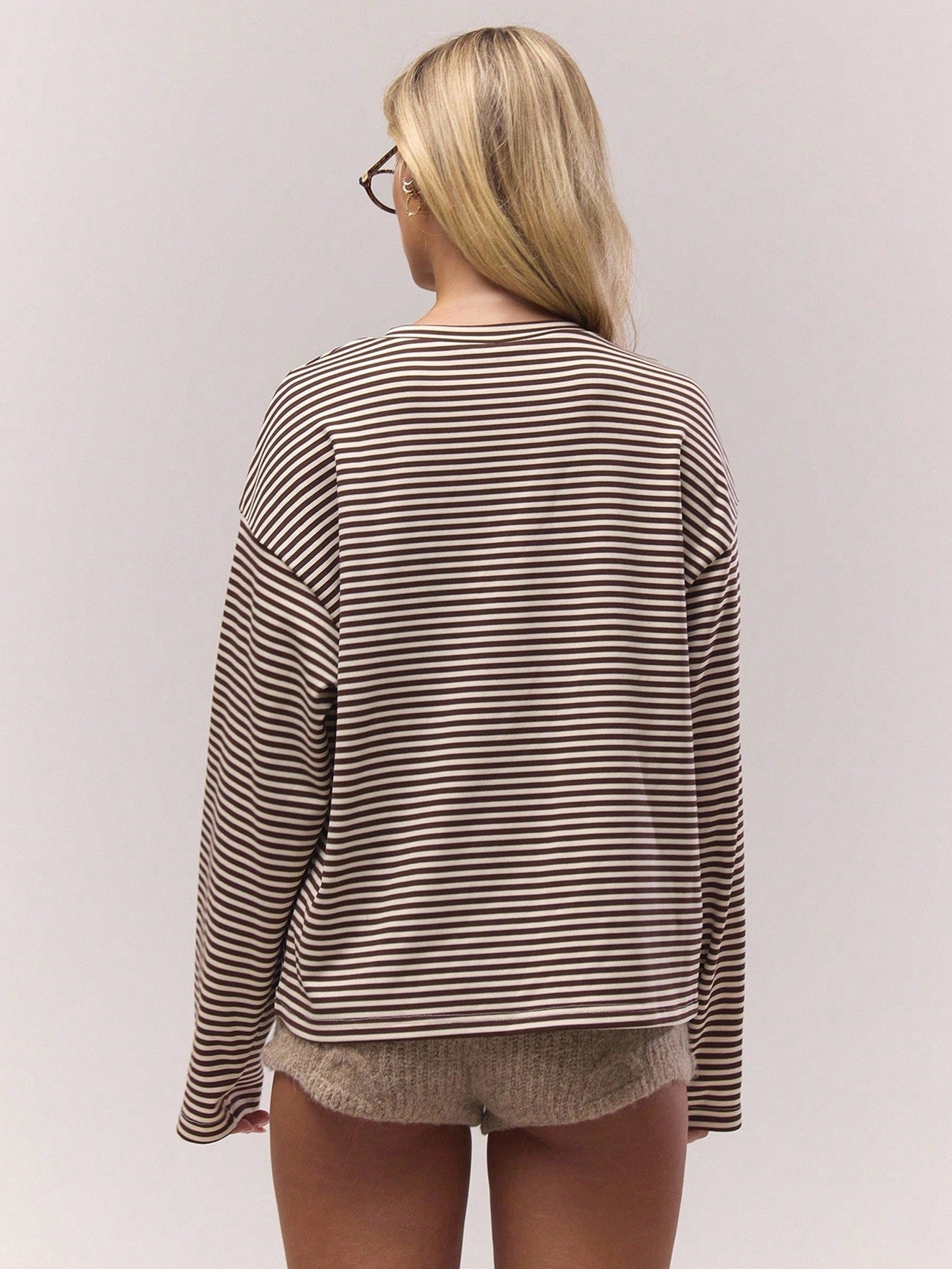 Striped Cotton Top Casual Henley Oversized Long Sleeve