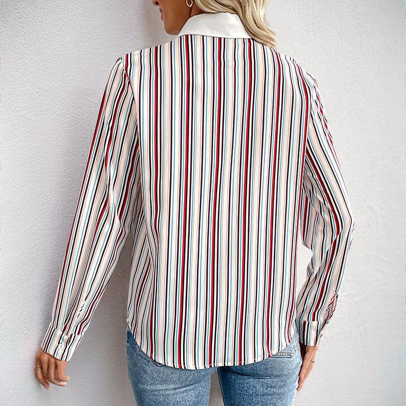 Button Lapel Shirt Cuffs Striped Long Sleeve Cardigan Top