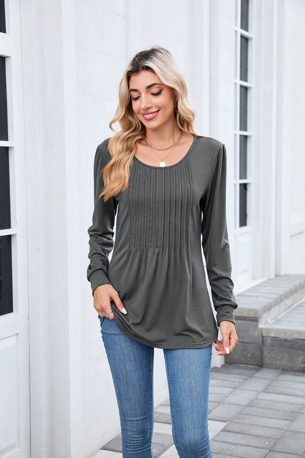 Pleated Front Long Sleeve Tunic Tee | Casual Crew Neck Top