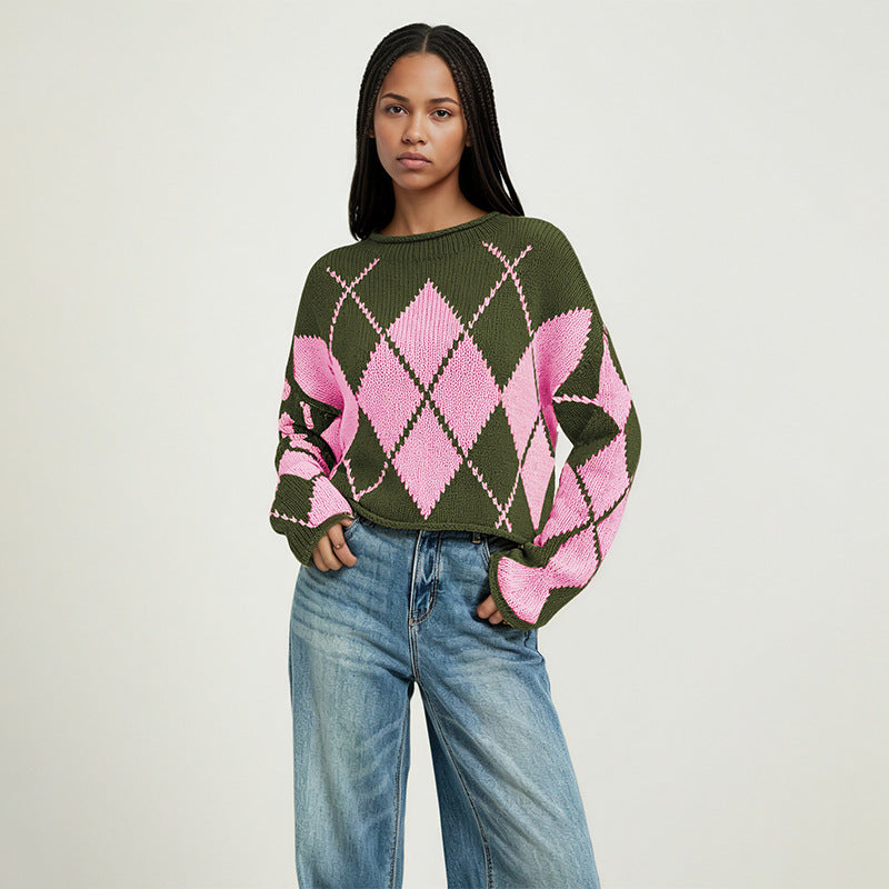 Women's Oversized Argyle Crewneck Chunky Sweater