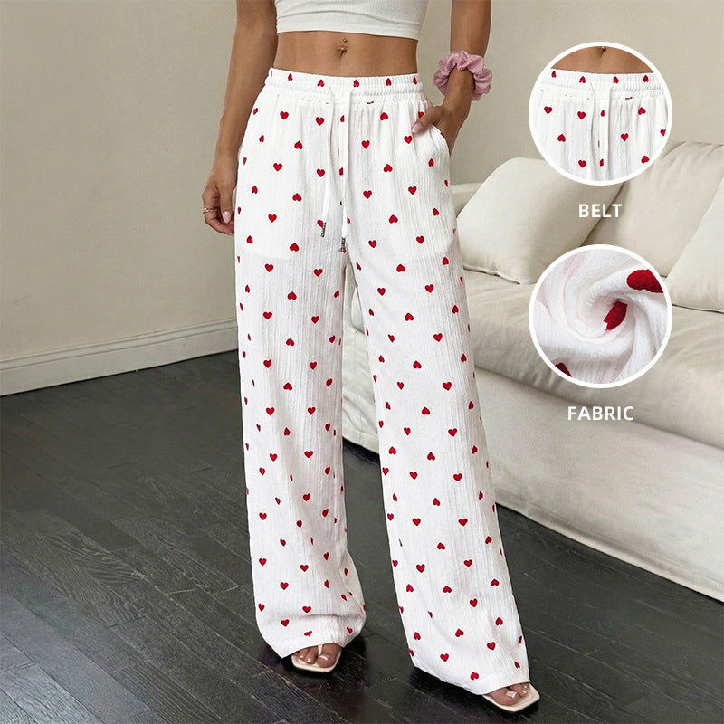 Heart Print Wide Leg Lounge Pants Casual Summer Drawstring