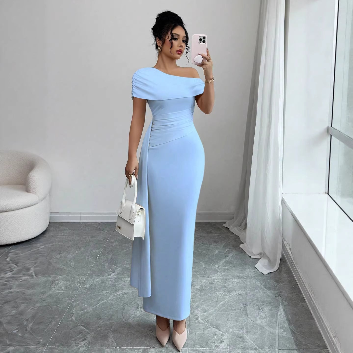 Off Shoulder Ruched Knit Maxi Dress for Women