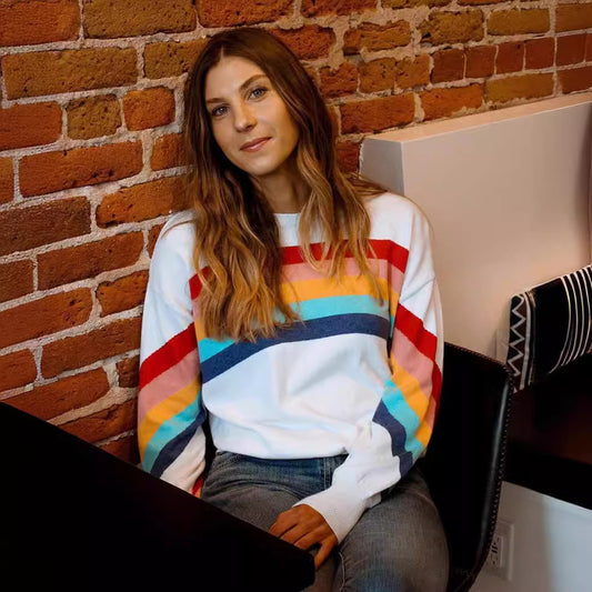Women’s Rainbow Stripe Crewneck Pullover Casual Long Sleeve Top