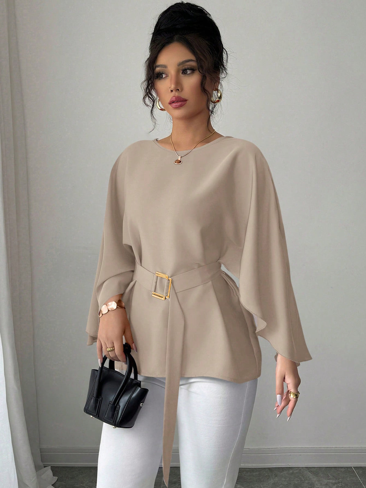 Women's French Vintage Bell Sleeve Belted Round Neck Blouse