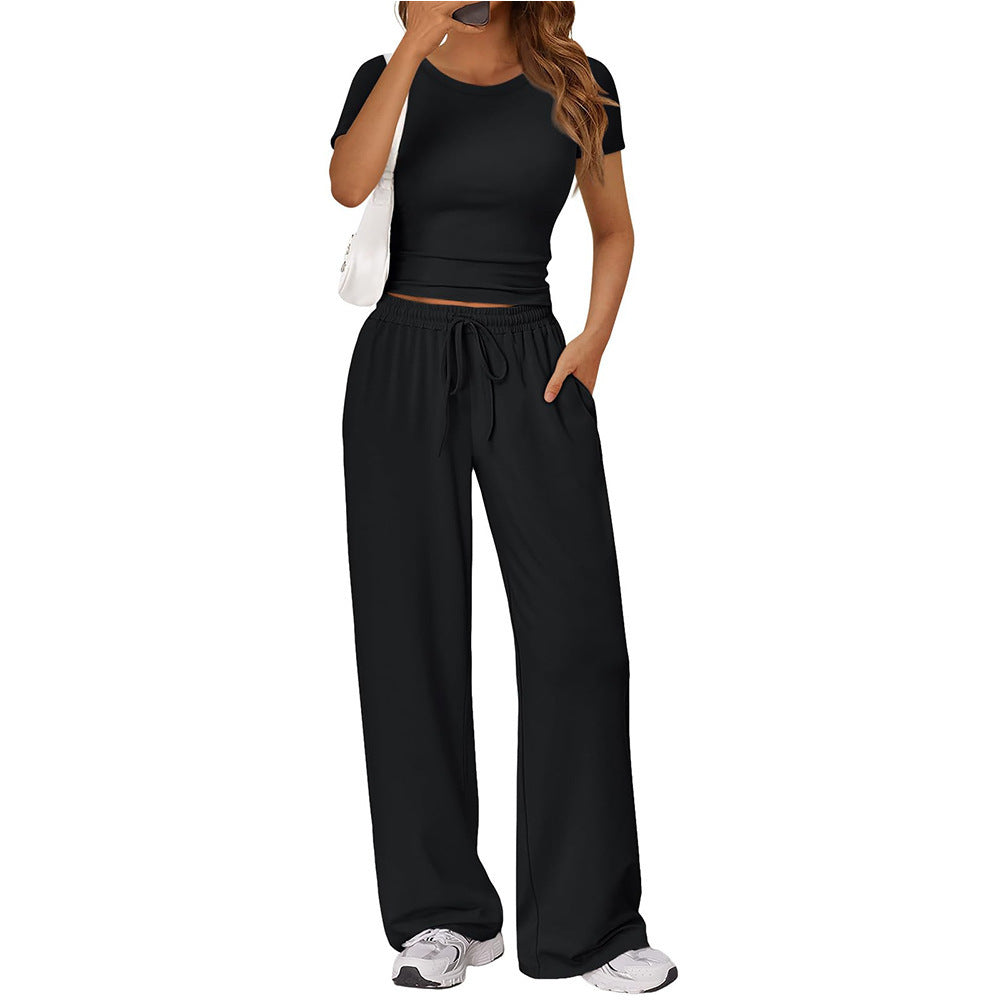 Women Y2K Two Piece Set Short Sleeve Crop Top Wide Leg Pants