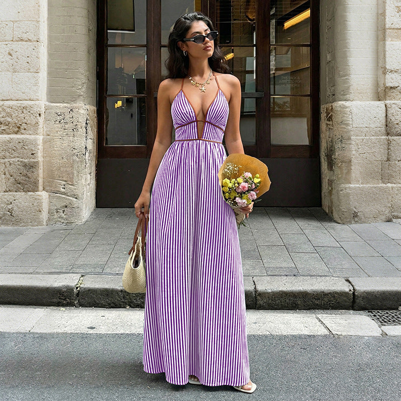 Striped Halter Backless Maxi Dress Vacation Summer