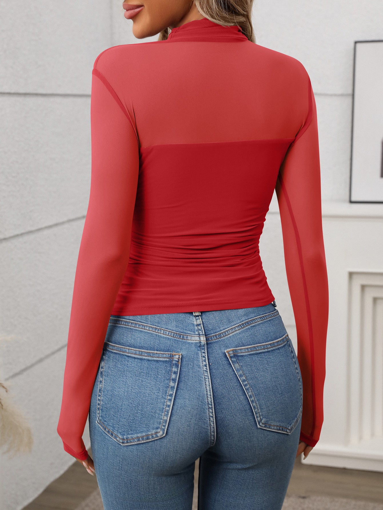 Women's Half High Neck Sheer Long Sleeve Sexy Y2K Mesh Top