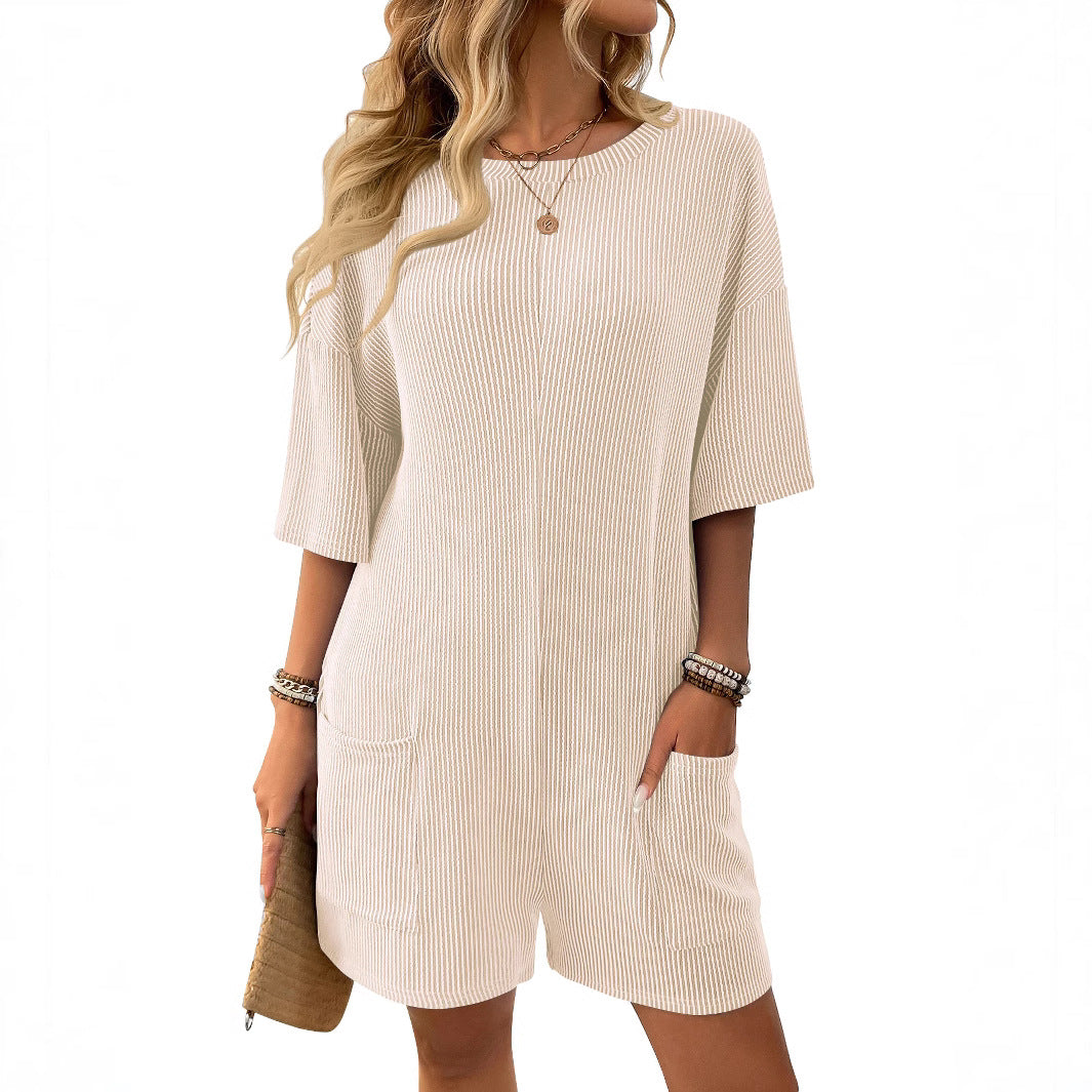 Womens Striped Romper Loose Fit Short Sleeve Jumpsuit