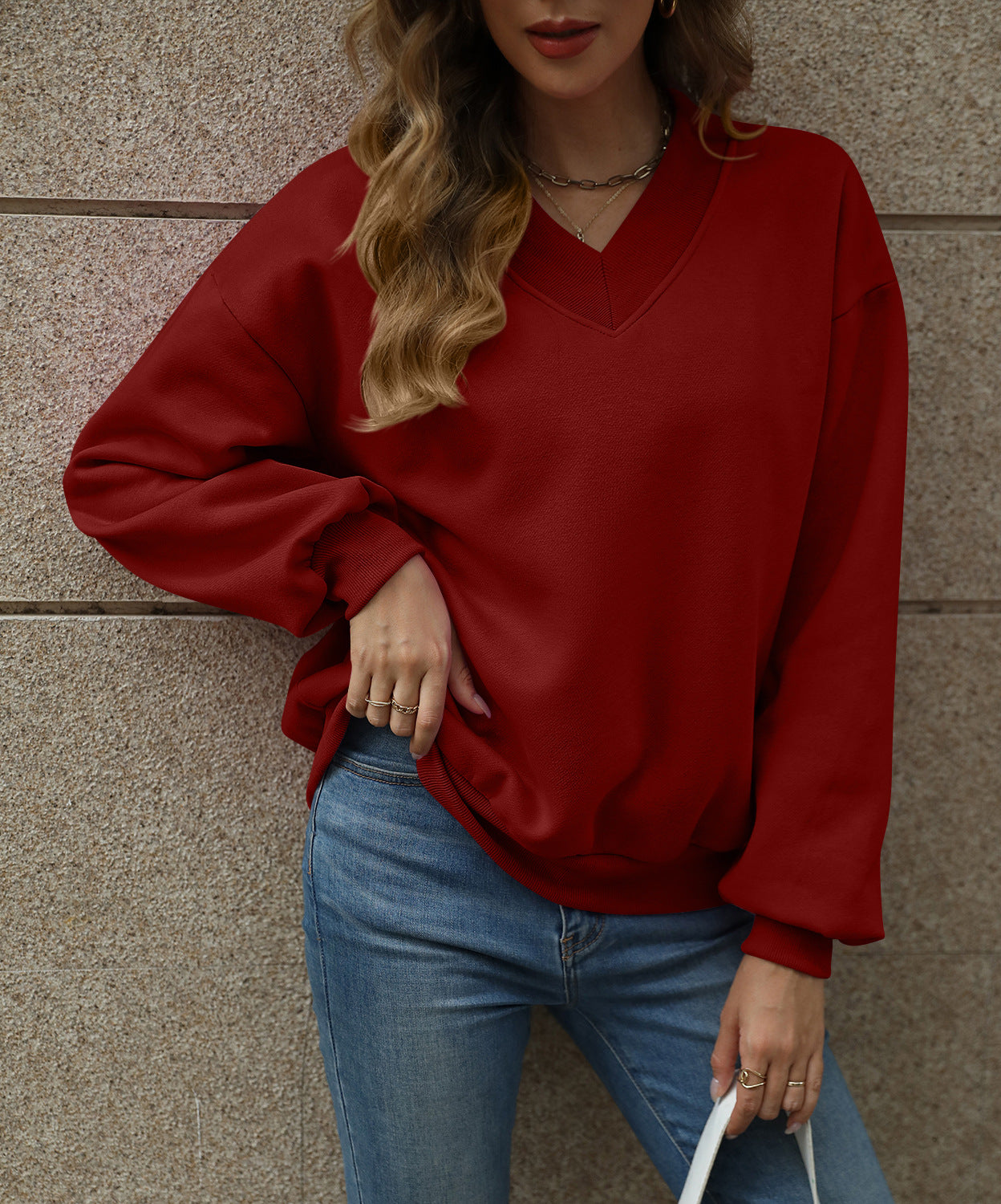 Solid Sweatshirt Casual Oversized V-Neck Pullover