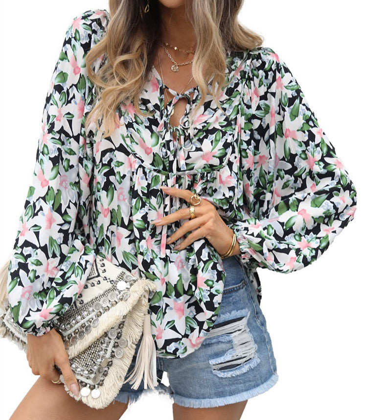 Floral Tie Neck Blouse Ruffle Long Sleeve Relaxed Fit