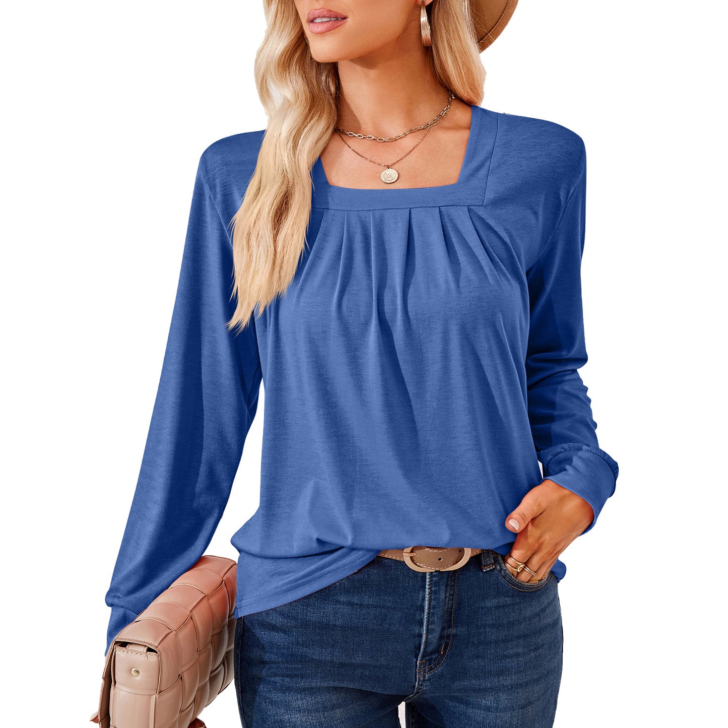 Women's Square Neck Pleated Long Sleeve Tunic Top