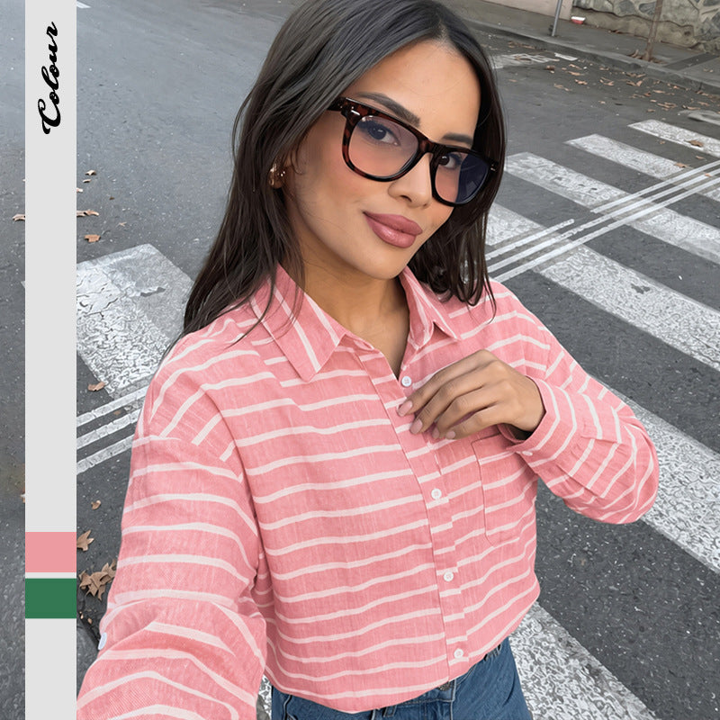 Striped Cotton Blend Shirt Korean Casual Oversized Blouse