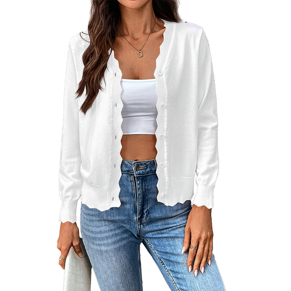 Lightweight V-Neck Scalloped Knit Cardigan for Women