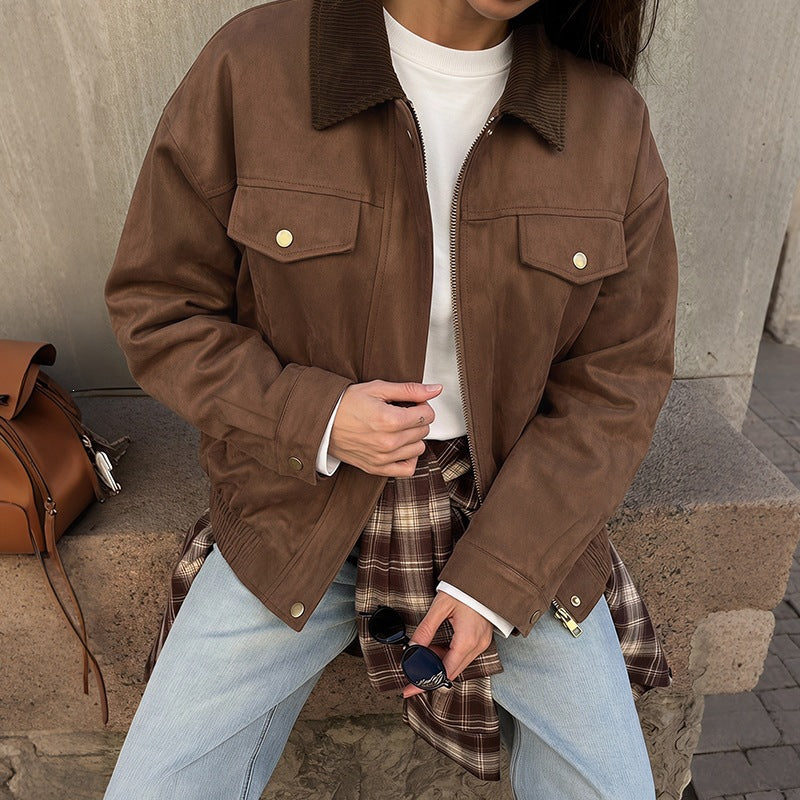 Faux Suede Corduroy Collar Zip Up Workwear Jacket