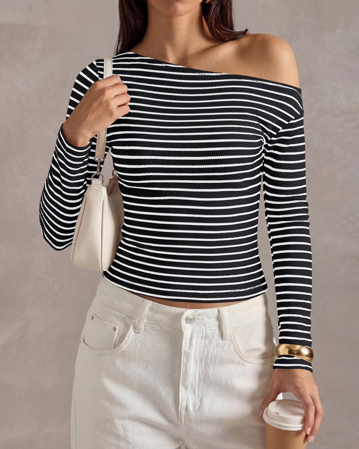 Ribbed Off Shoulder Striped Long Sleeve Knit Top