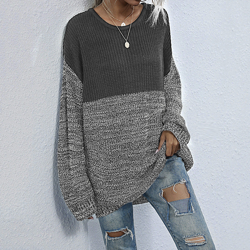 Color Block Round Neck Long Sleeve Knit Sweater Top