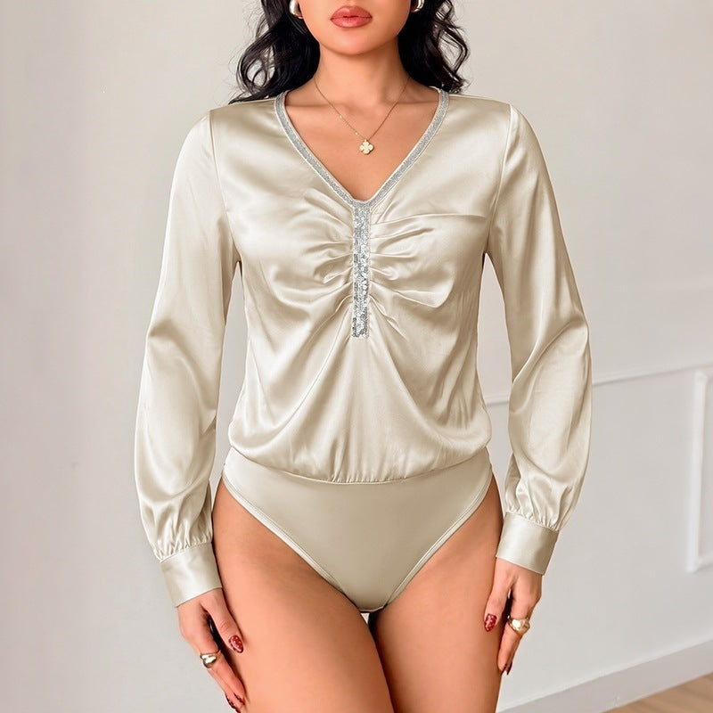 Satin V Neck Jumpsuit Elegant Long Sleeve Wide Leg Romper