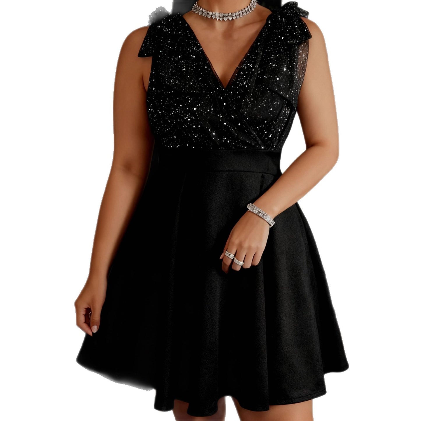 Plus Size Sequin Mesh V Neck Sleeveless Party Dress
