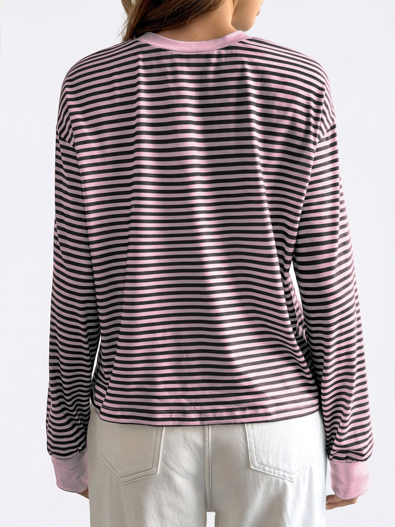 Striped Polyester Tee Casual Oversized Long Sleeve