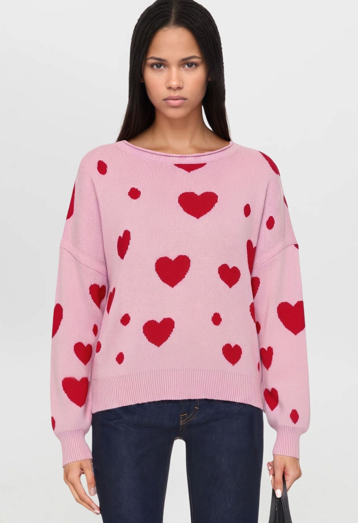 Women's Heart Print Crew Neck Long Sleeve Sweater