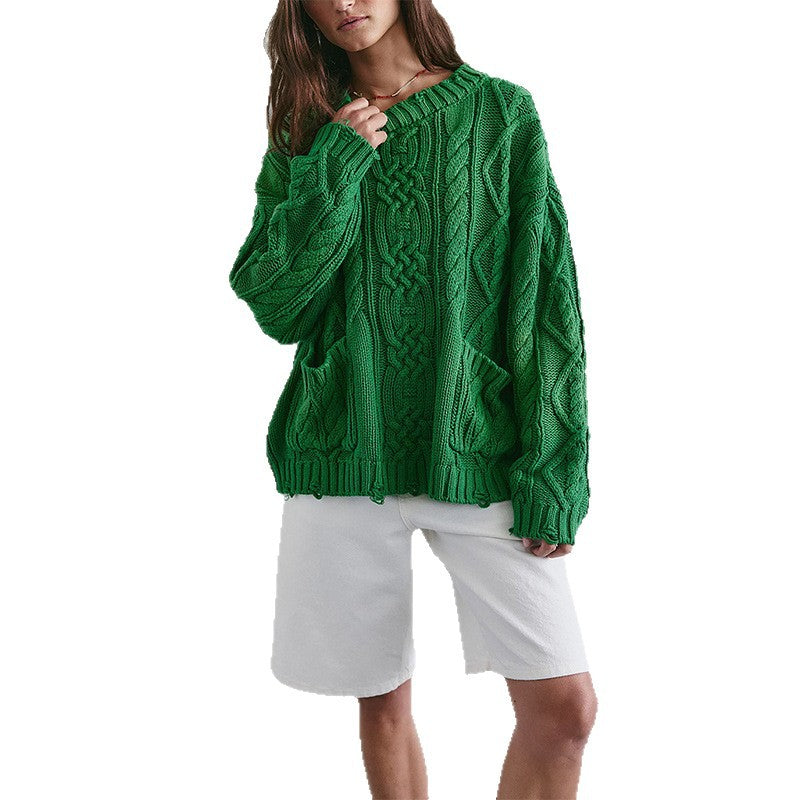 Women's Chunky Cable Knit Oversized Pullover Sweater Pocket