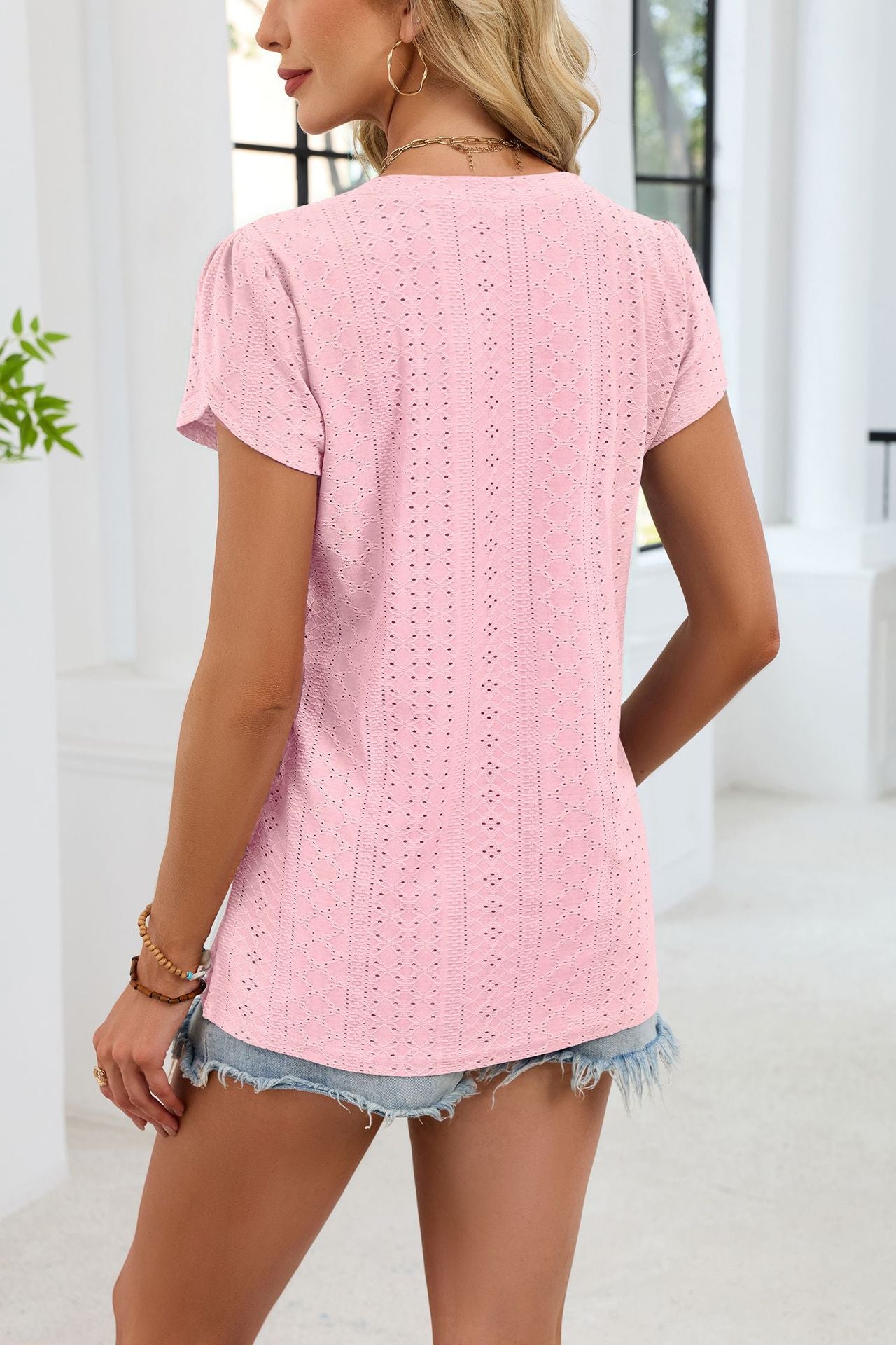 V Neck Eyelet Knit Top Flutter Sleeve Loose Tee