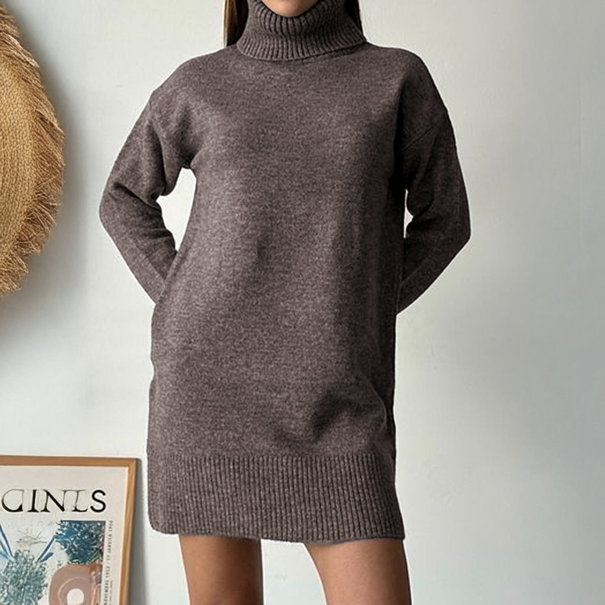Casual Turtleneck Long Sleeve Mini Sweater Dress