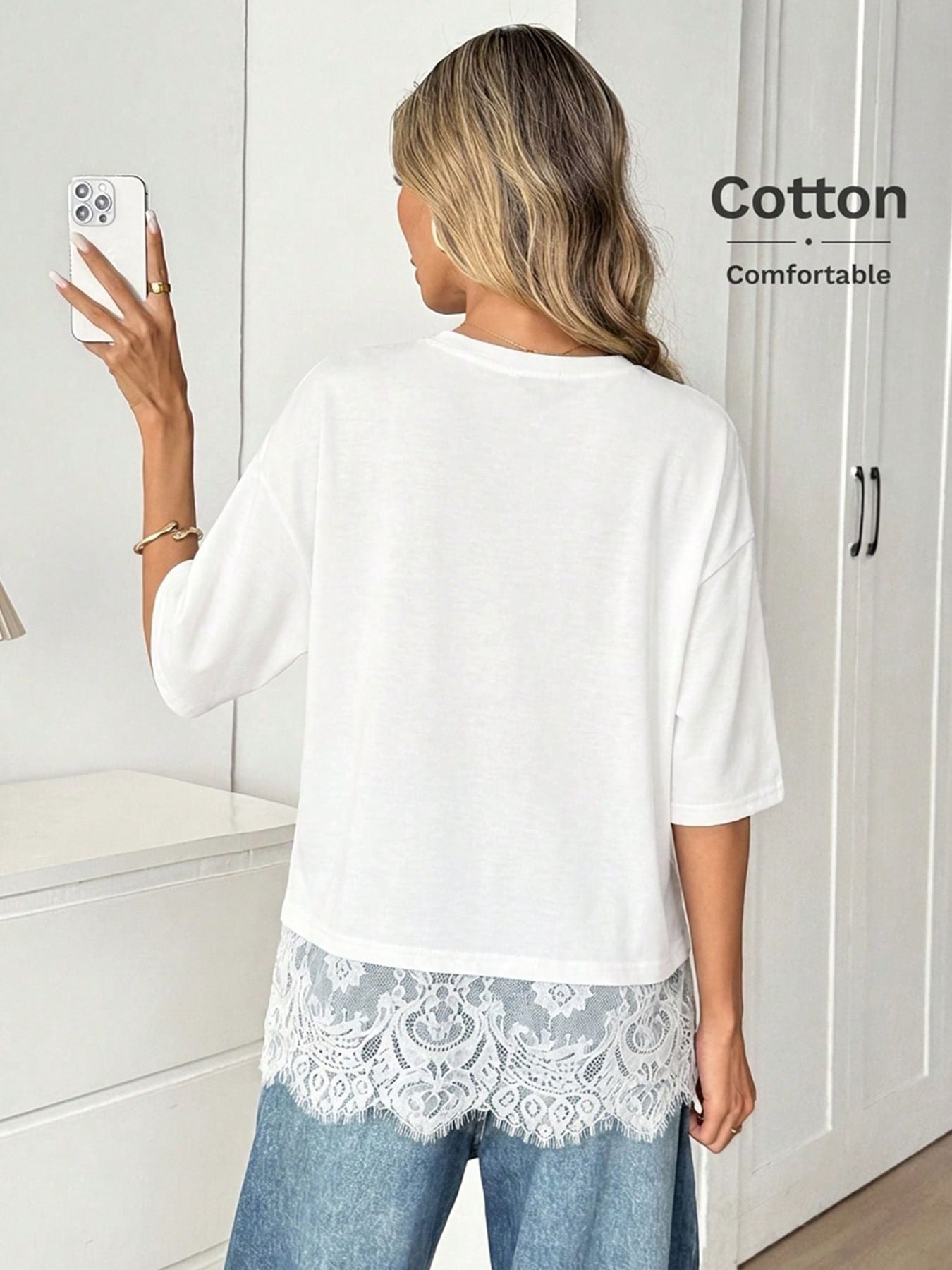 Women Lace Hem Loose Short Sleeve T Shirt