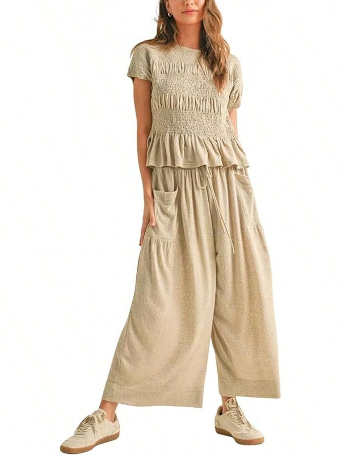 Summer Smocked Ruffle Top Wide Leg Pants Set