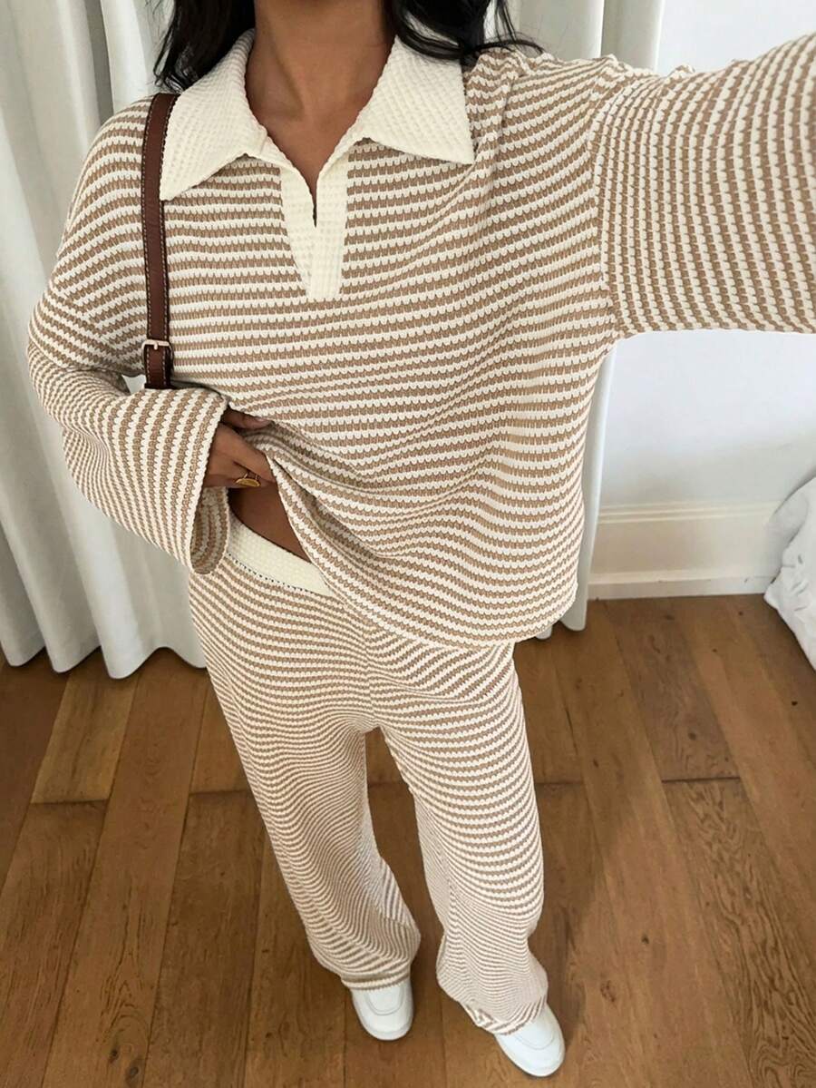 Women's Knit Stripe Loungewear Set Long Sleeve Top Pants