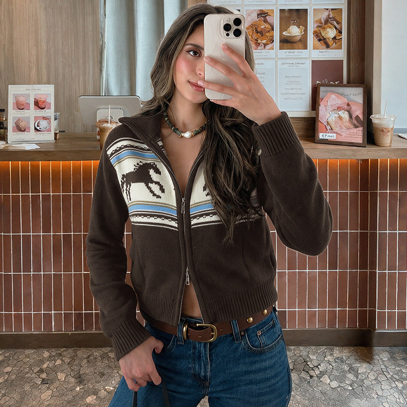 Women's Vintage Western Horse Zip Up Cardigan Sweater