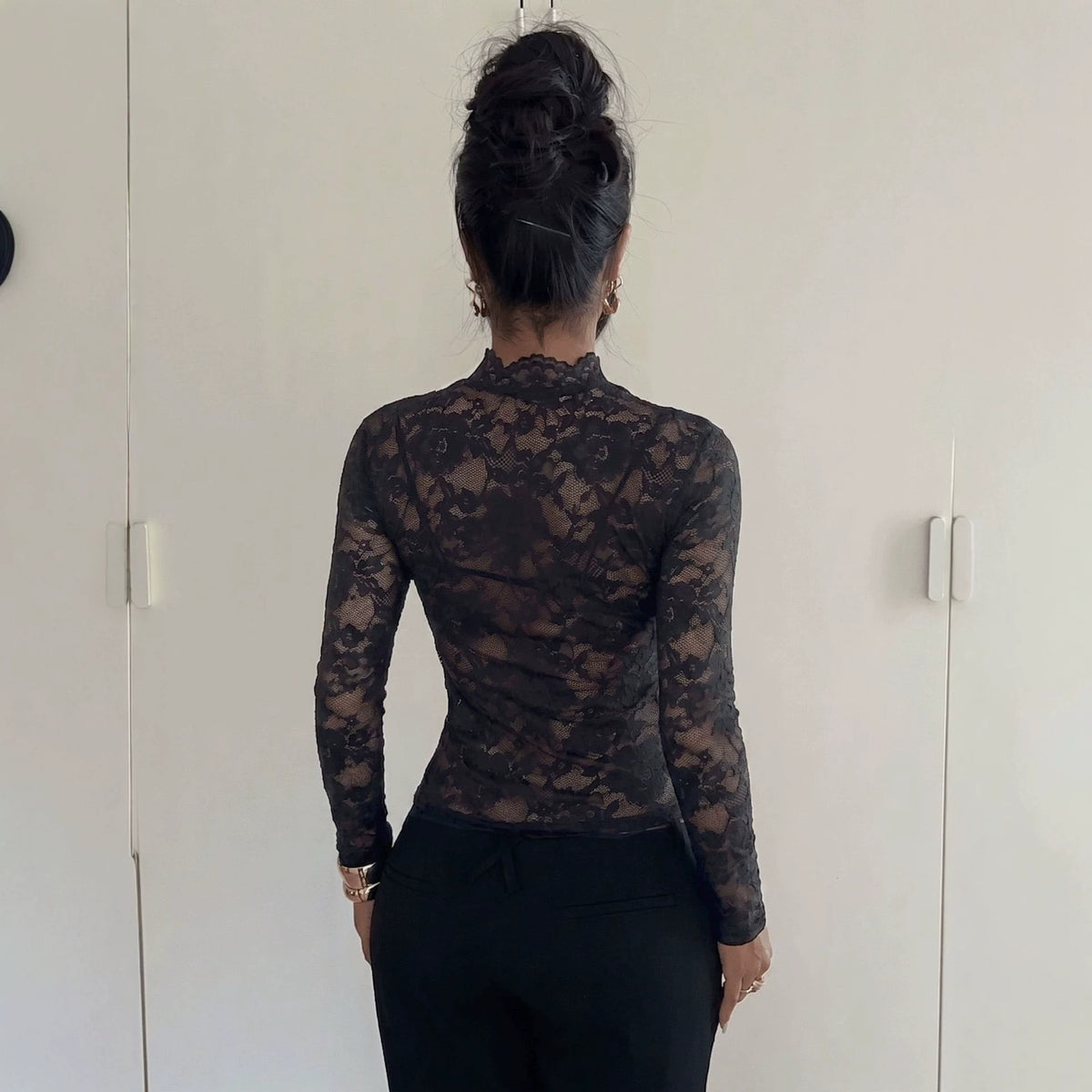 Black Lace Cutout Mock Neck Long Sleeve Top