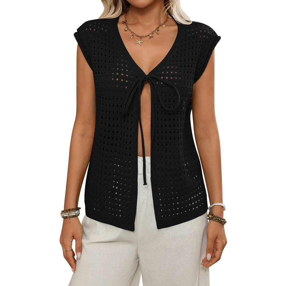 Women's Open Front Hollow Knit Cover Up Summer Top