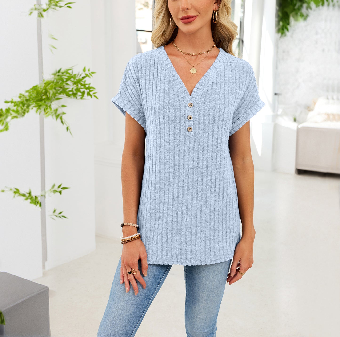 Solid Ribbed Knit Top V Neck Casual Short Sleeve