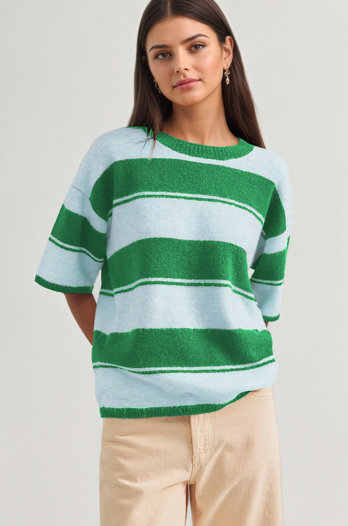 Women's Oversized Striped Crewneck Knit Half Sleeve Sweater