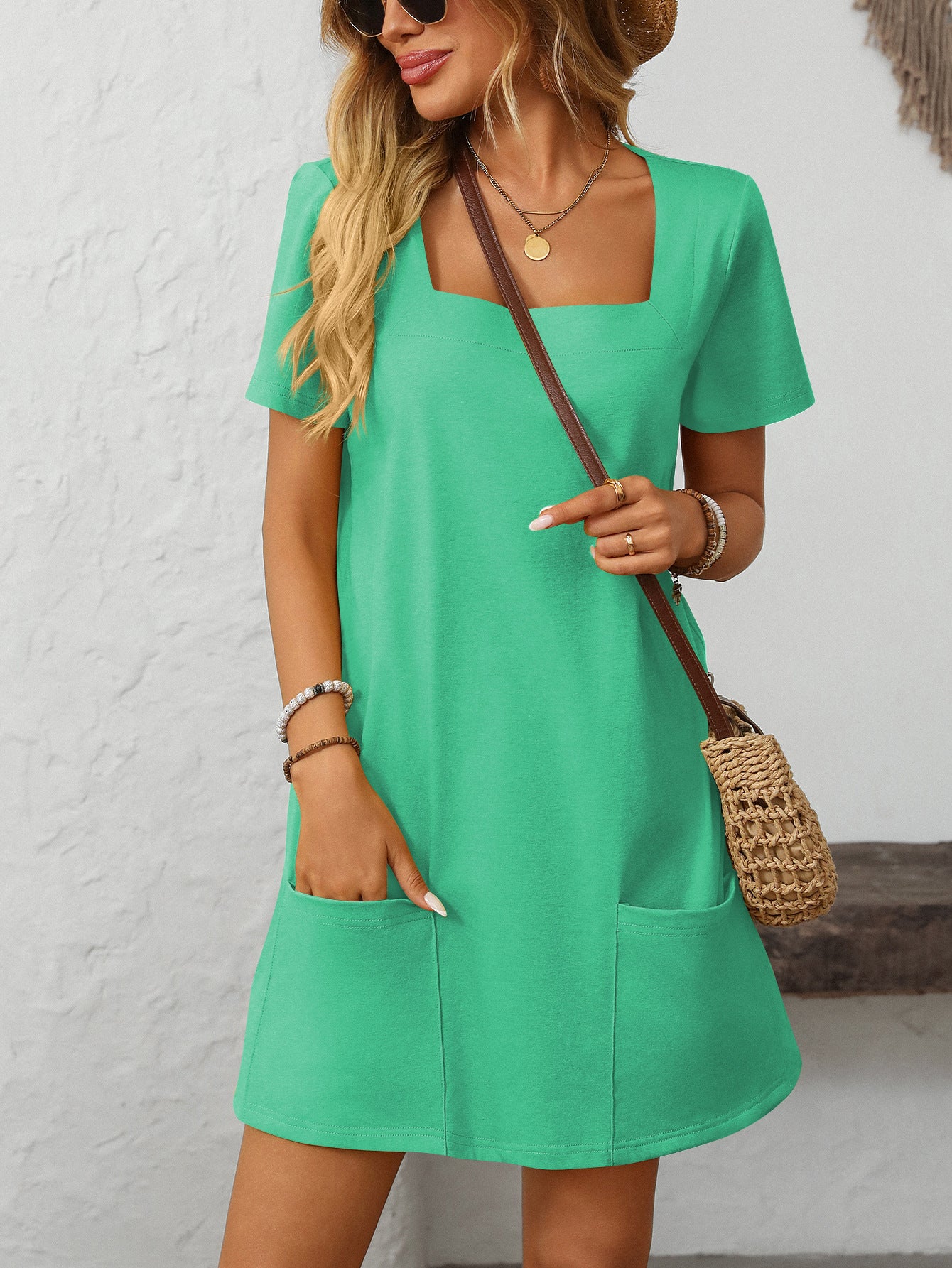 Solid Color Casual Square Neck Short Sleeve Mini Dresses with Pockets
