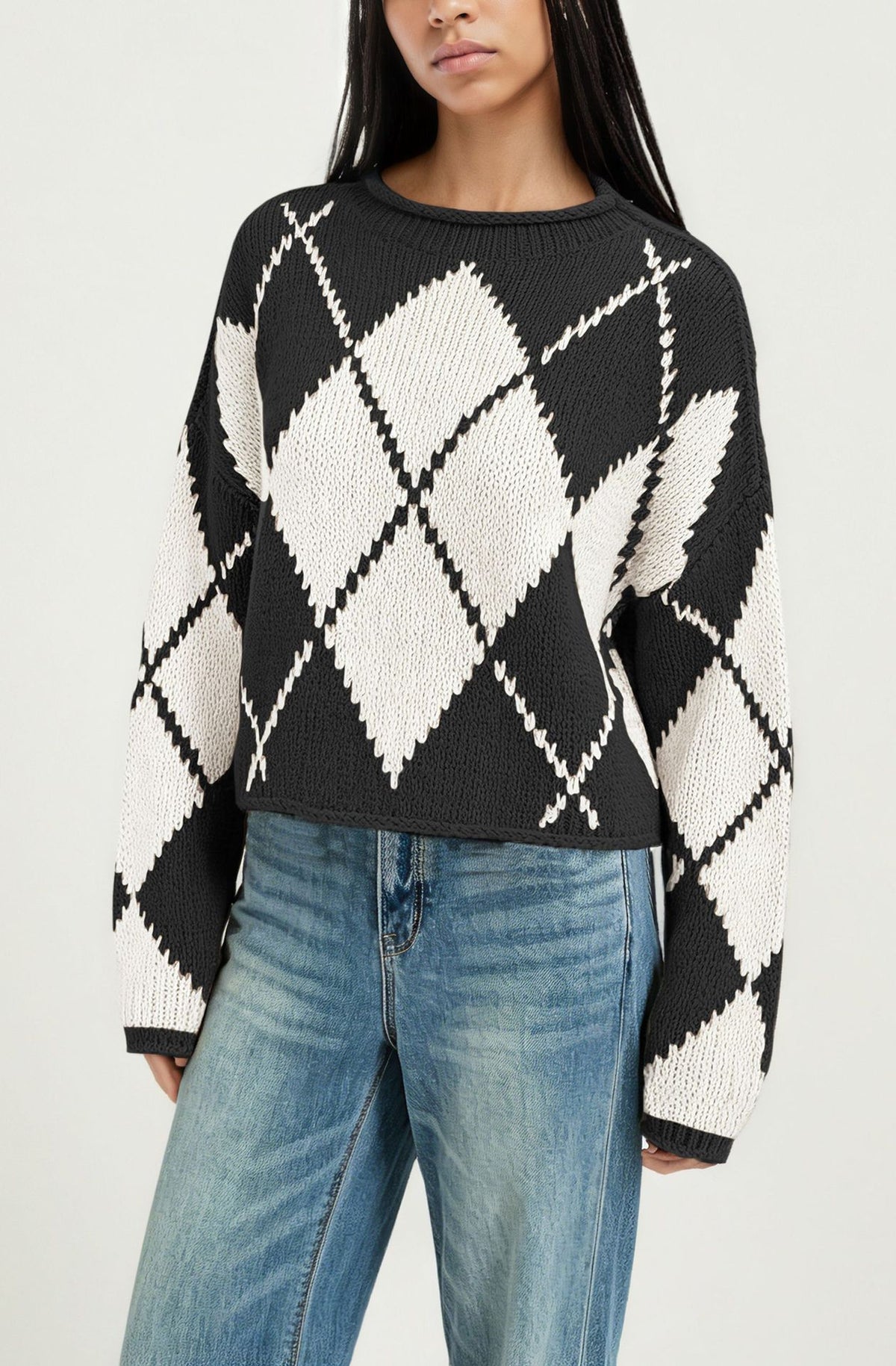 Women's Oversized Argyle Crewneck Sweater