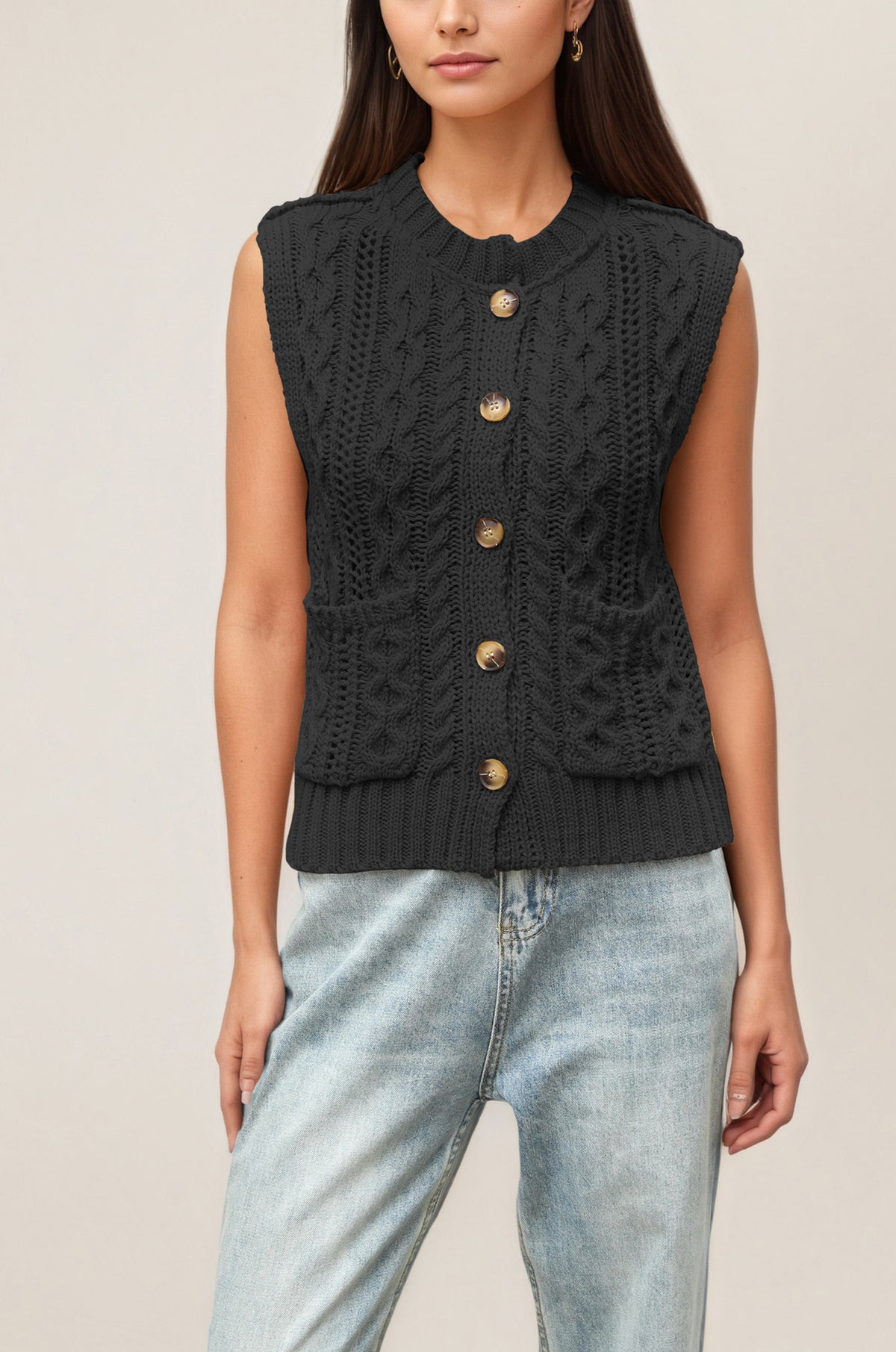 Women's Cable Knit Sleeveless Cardigan Vest Button Front