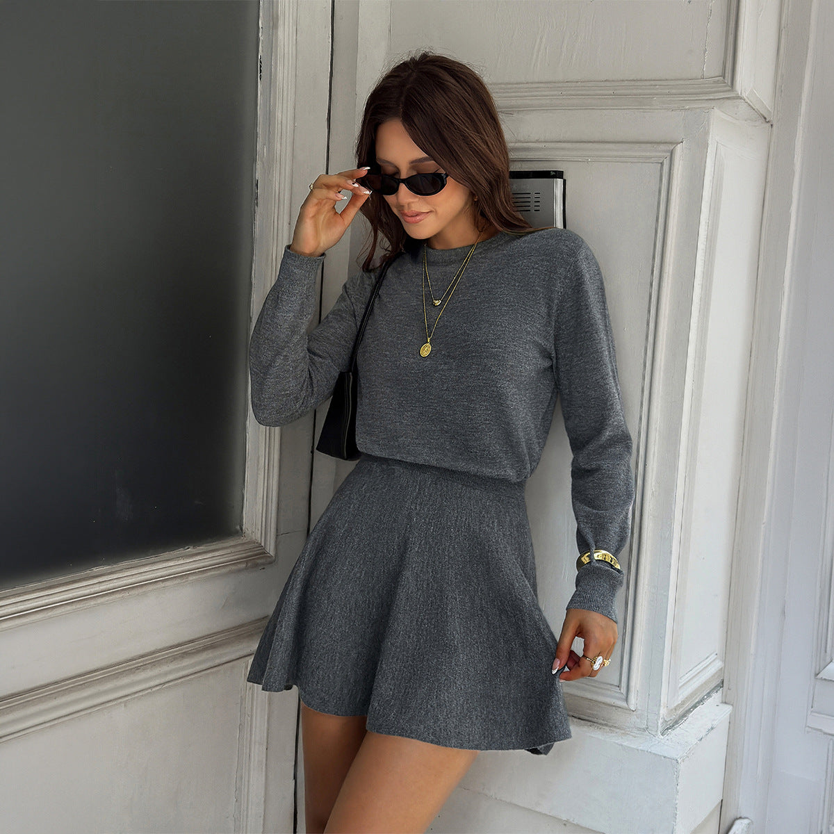 Women's Crew Neck Long Sleeve Knit Mini Dress
