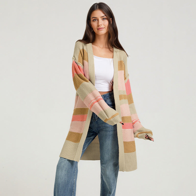 Striped Color Block Long Cardigan Open Front Knit Sweater