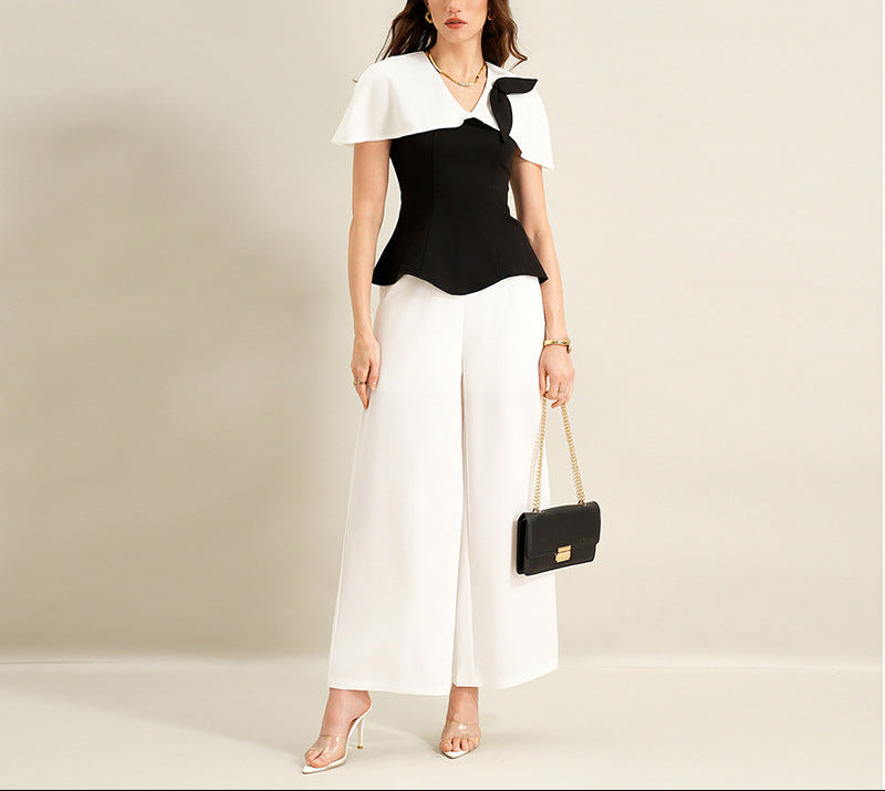 Elegant Black White Contrast Two Piece Pant Set