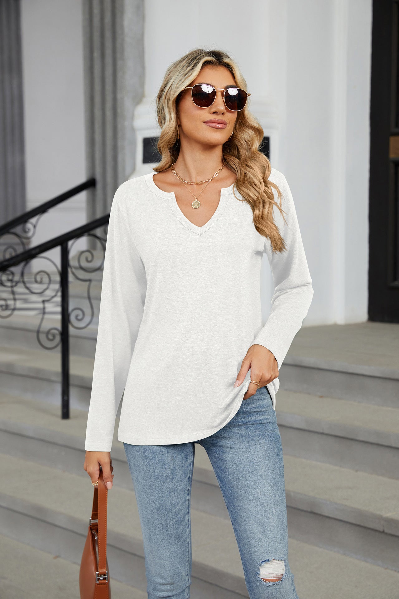 Women's Oversized V Neck Long Sleeve Tunic Top