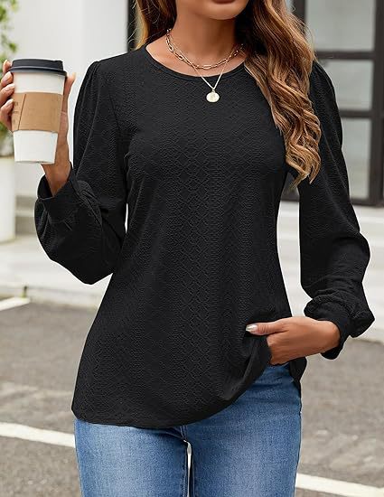 Solid Knit Blouse Casual Eyelet Puff Sleeve Boutique