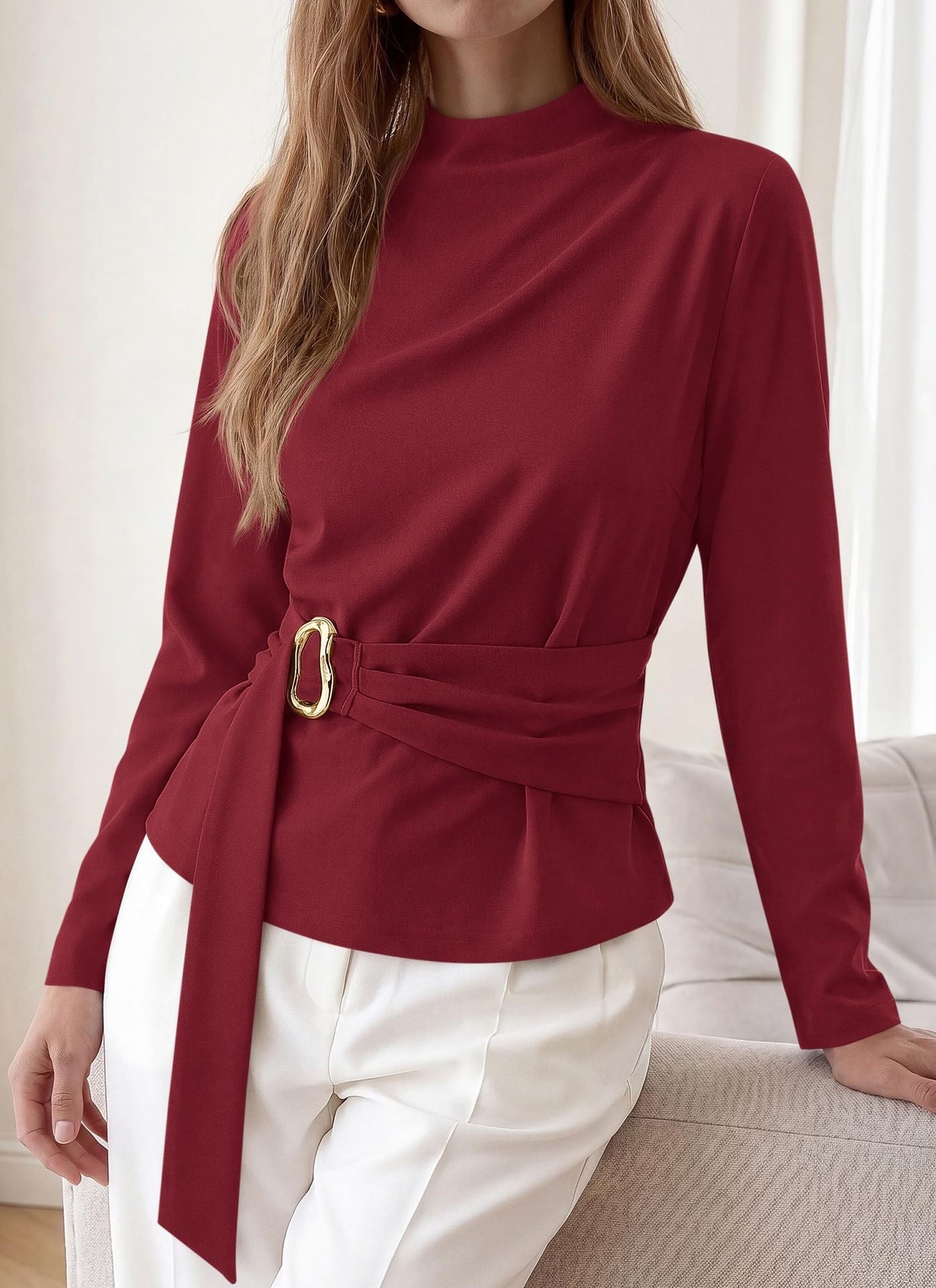 Solid Ponte Top Mock Neck Blouse Belted Slim Fit Elegant