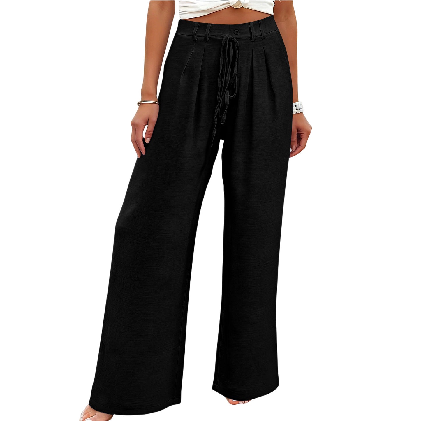 Solid Linen Wide Leg Pants Casual Drawstring Relaxed Fit
