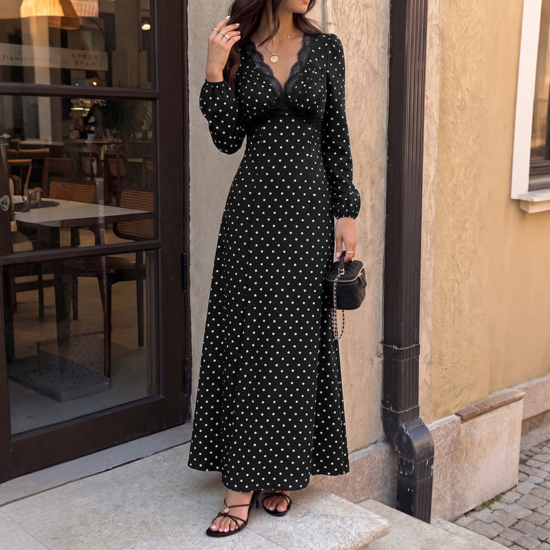 Black Polka Dot Maxi Dress Lace V-Neck Tie Long Sleeve