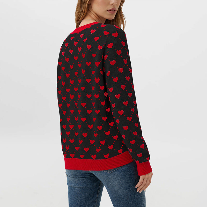 Women's Heart Print Crewneck Sweater Oversized Pullover