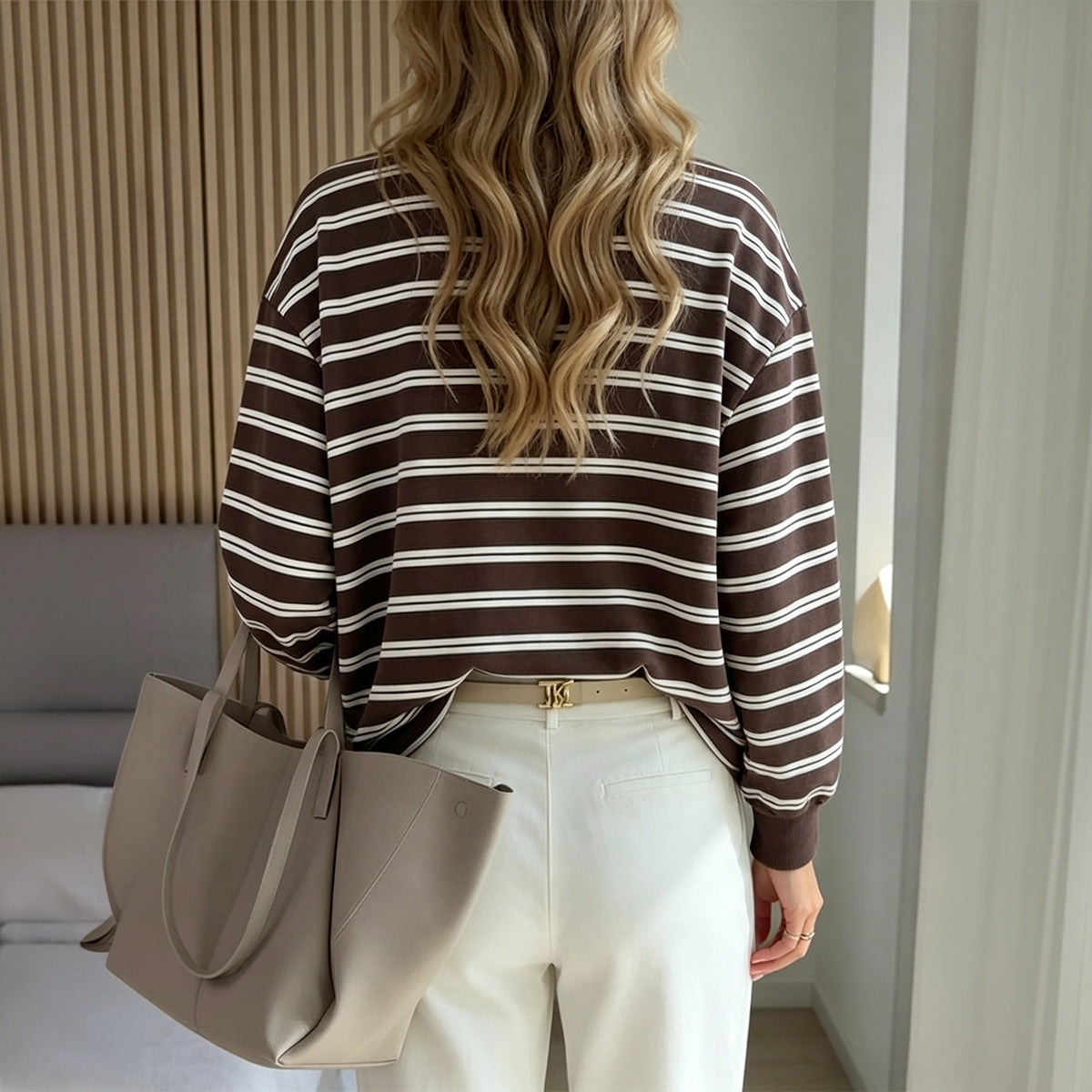 Women's Brown Striped Crewneck Long Sleeve Sweatshirt