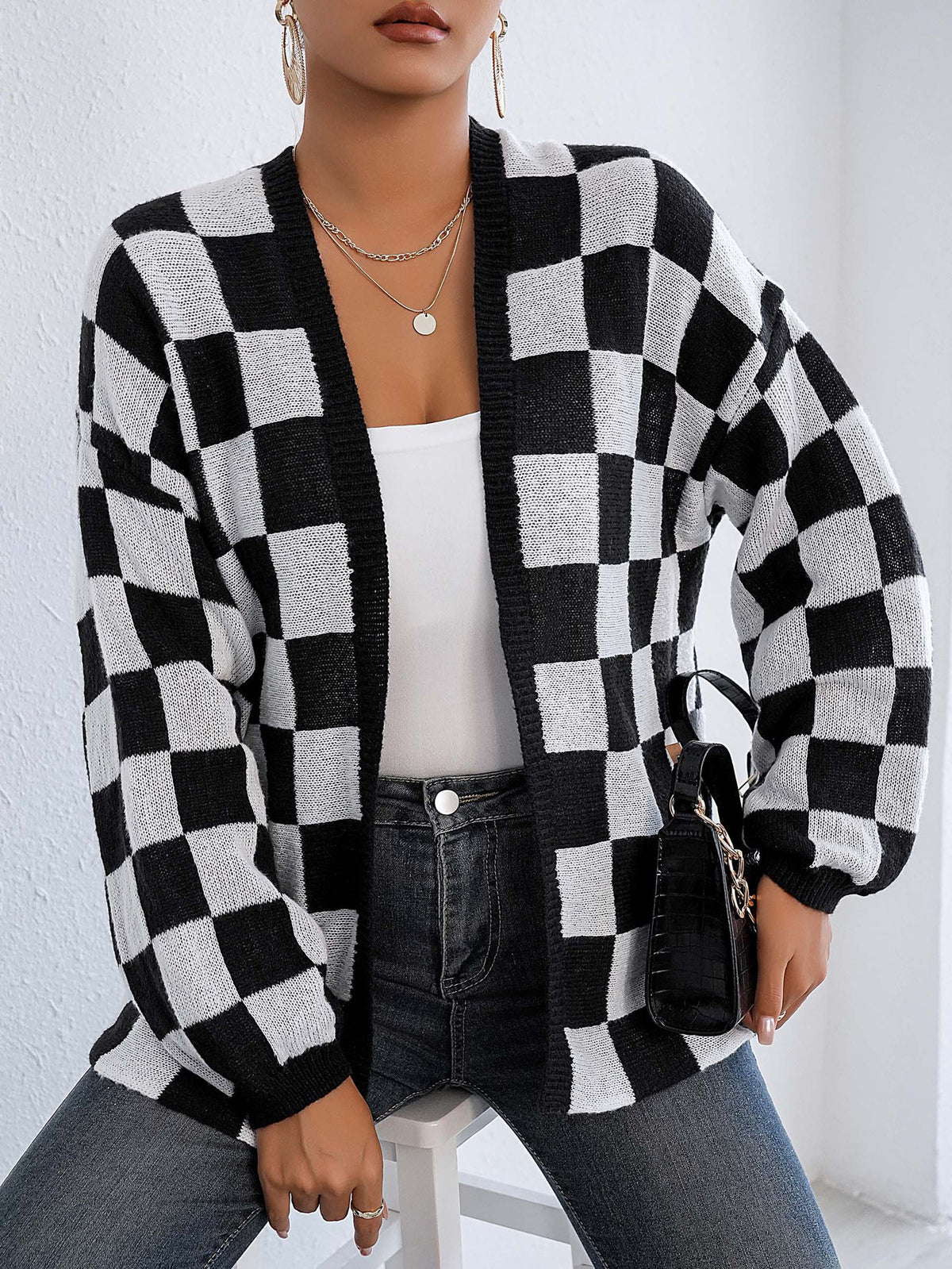 Women's Checkered Cardigan Color Block Knit Open Front