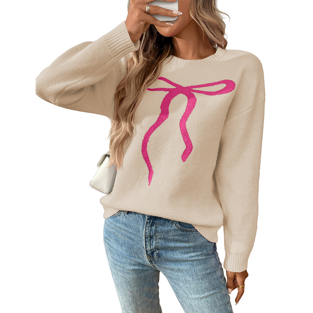 Bow Knit Sweater with Vintage Floral Design